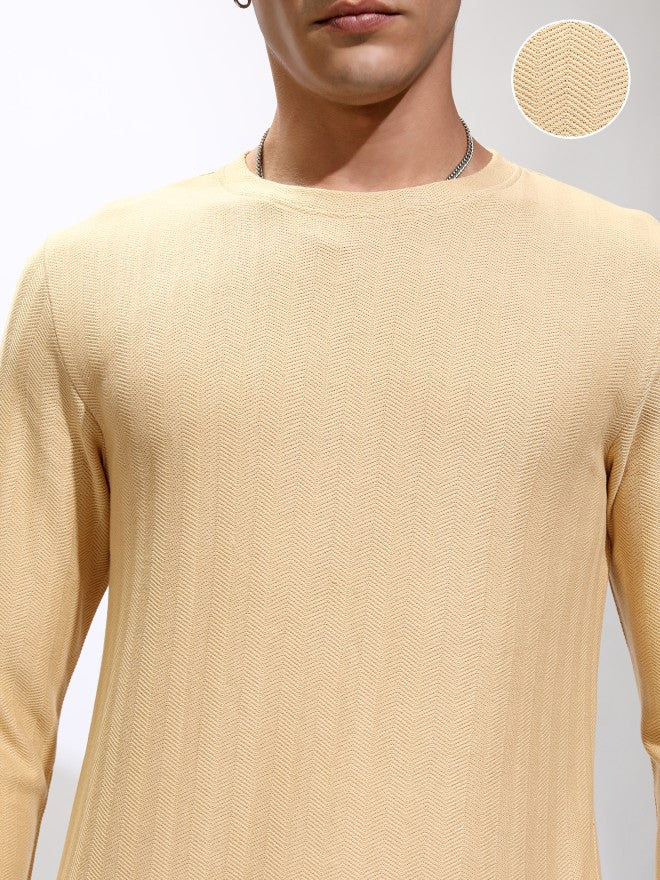 Highlander Men Beige Self Design Round Neck Relaxed Fit T-Shirt - Beige - Image 5