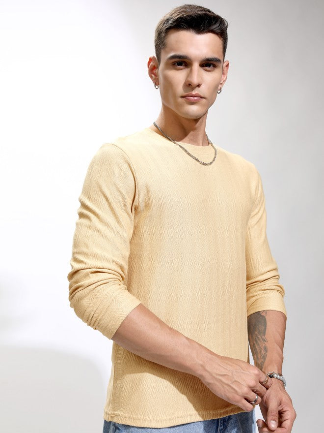 Highlander Men Beige Self Design Round Neck Relaxed Fit T-Shirt - Beige - Image 6