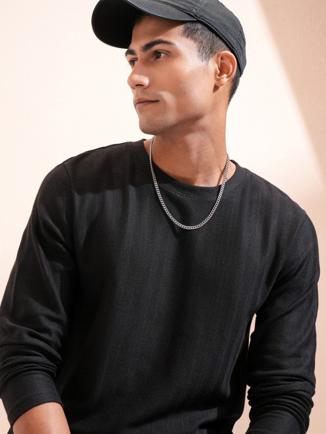 Highlander Men Black Self Design Round Neck T-Shirt - Black - Image 1