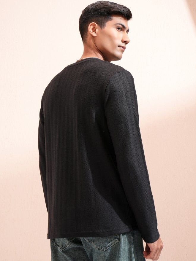Highlander Men Black Self Design Round Neck T-Shirt - Black - Image 3
