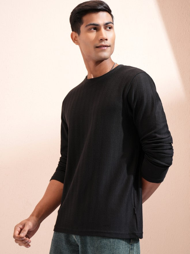 Highlander Men Black Self Design Round Neck T-Shirt - Black - Image 4