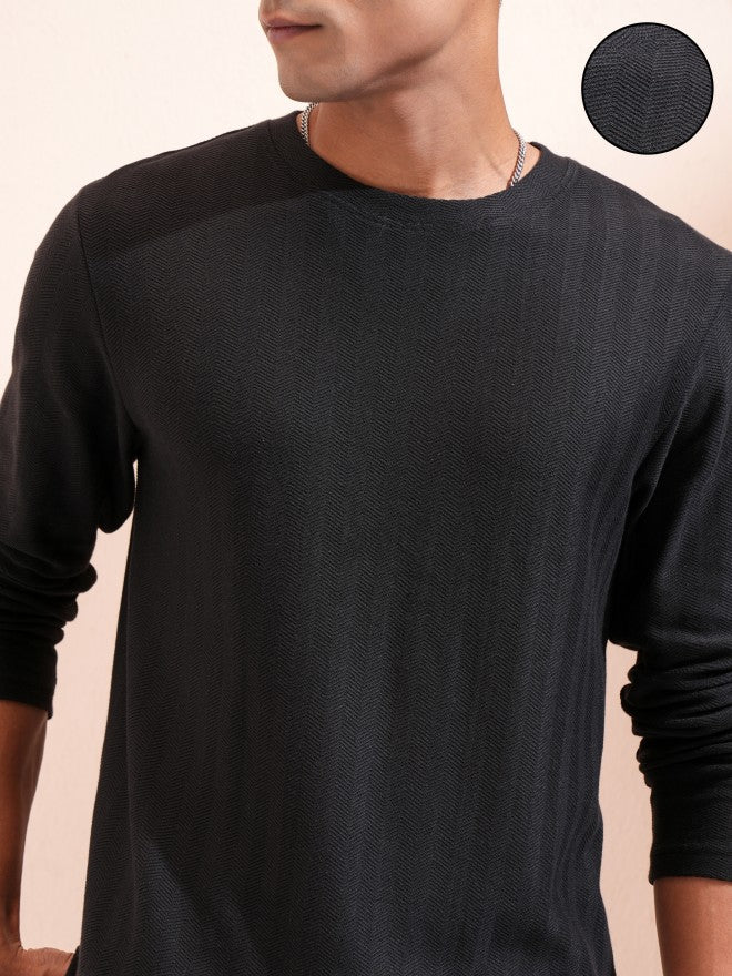 Highlander Men Black Self Design Round Neck T-Shirt - Black - Image 5