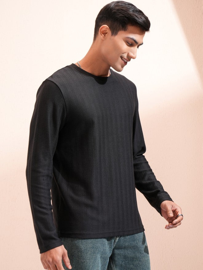 Highlander Men Black Self Design Round Neck T-Shirt - Black - Image 6