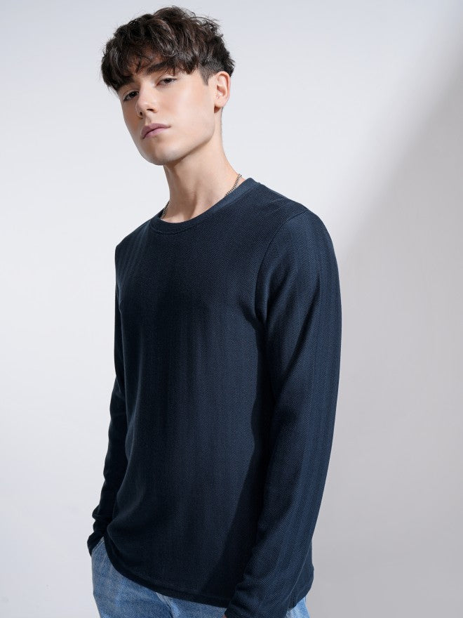 Highlander Men Navy Blue Self Design Round Neck Relaxed Fit T-Shirt - Navy Blue - Image 4