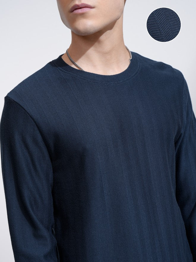 Highlander Men Navy Blue Self Design Round Neck Relaxed Fit T-Shirt - Navy Blue - Image 5