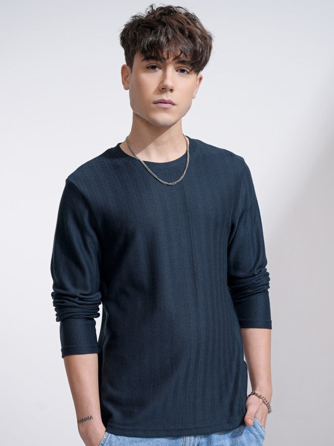 Highlander Men Navy Blue Self Design Round Neck Relaxed Fit T-Shirt - Navy Blue - Image 6
