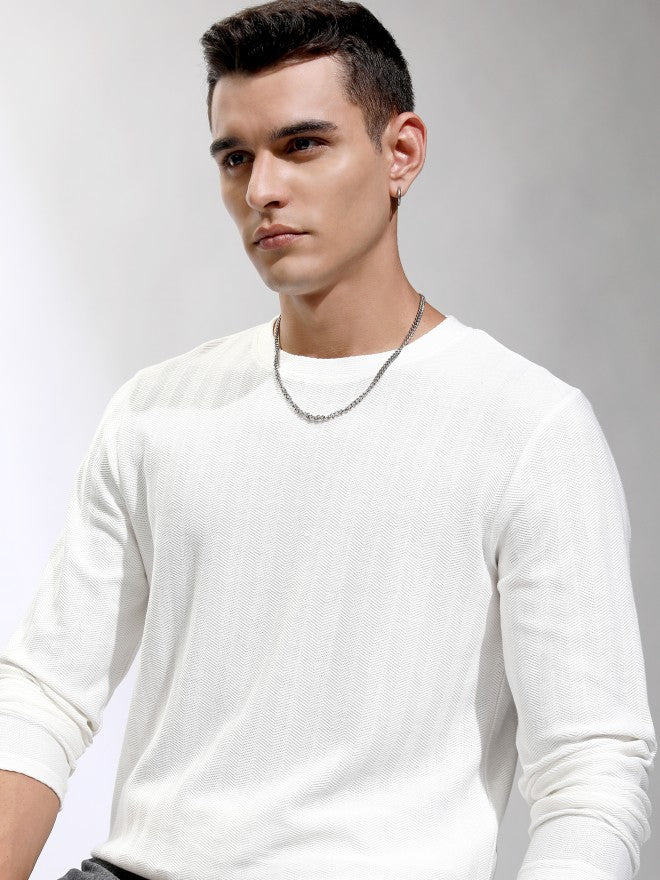 Highlander Men Off White Self Design Round Neck Relaxed Fit T-Shirt - Off White - Image 1