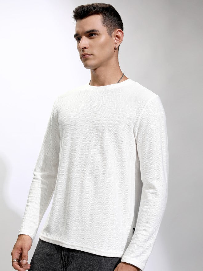 Highlander Men Off White Self Design Round Neck Relaxed Fit T-Shirt - Off White - Image 4