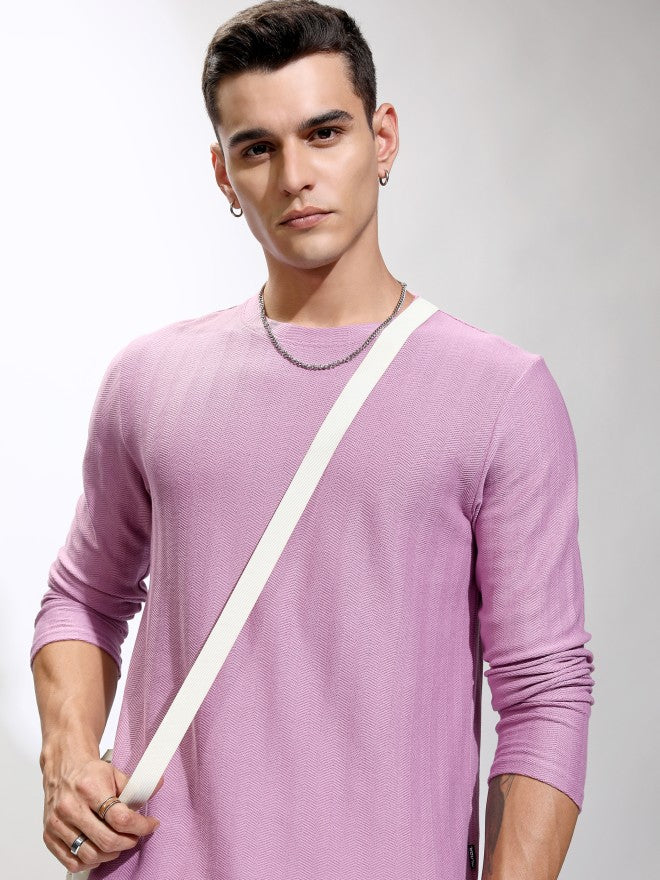 Highlander Men Mauve Self Design Round Neck T-Shirt - Mauve - Image 1