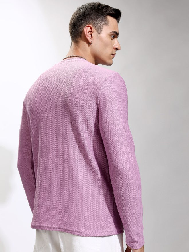 Highlander Men Mauve Self Design Round Neck T-Shirt - Mauve - Image 3