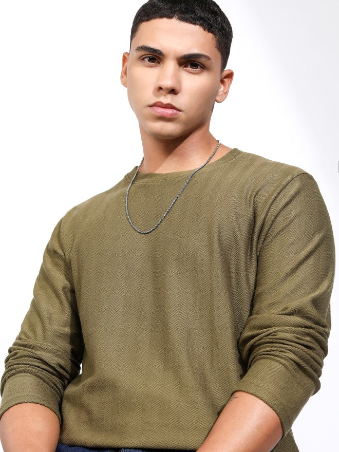 Highlander Men Olive Self Design Relaxed Fit T-Shirt - Olive - Image 1