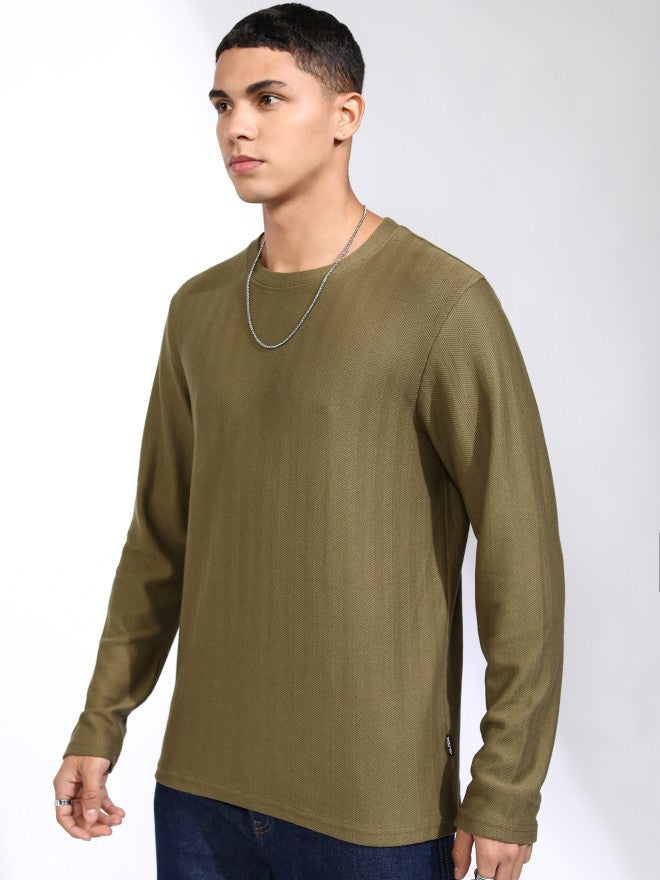Highlander Men Olive Self Design Relaxed Fit T-Shirt - Olive - Image 4