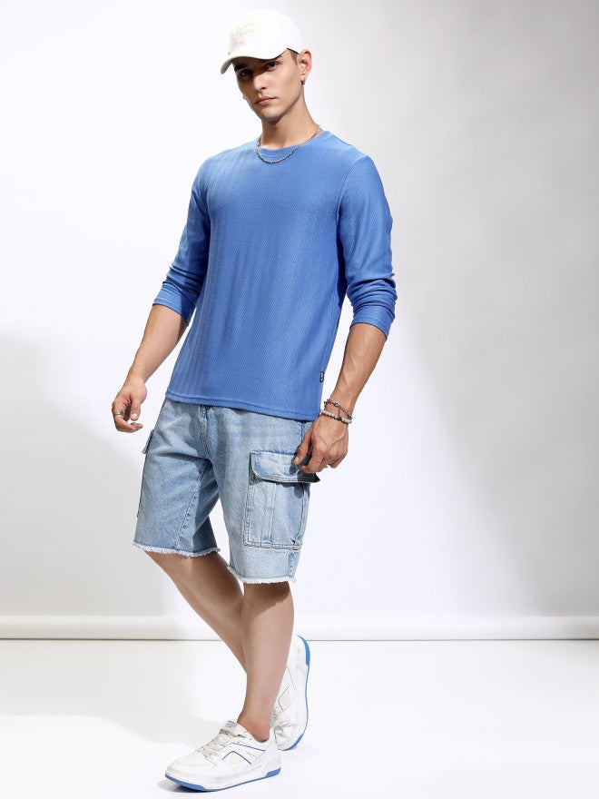 Highlander Men Blue Self Design Round Neck Relaxed Fit T-Shirt - Blue - Image 2