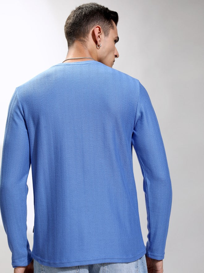Highlander Men Blue Self Design Round Neck Relaxed Fit T-Shirt - Blue - Image 3