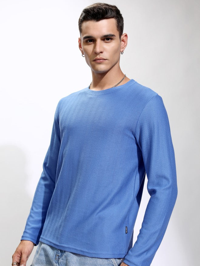 Highlander Men Blue Self Design Round Neck Relaxed Fit T-Shirt - Blue - Image 4