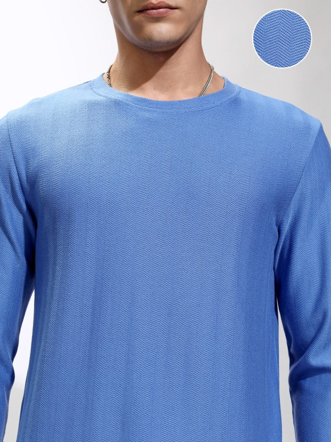 Highlander Men Blue Self Design Round Neck Relaxed Fit T-Shirt - Blue - Image 5
