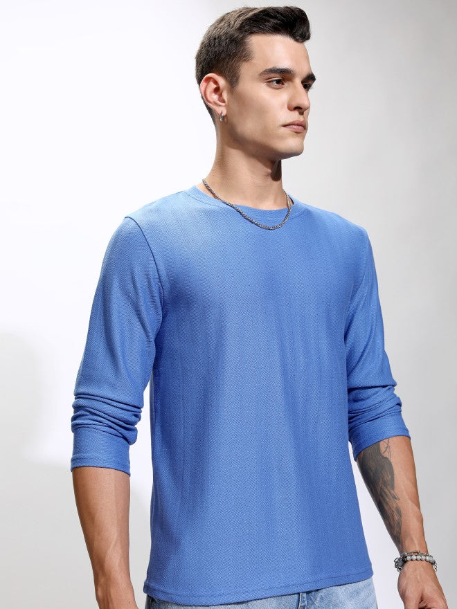 Highlander Men Blue Self Design Round Neck Relaxed Fit T-Shirt - Blue - Image 6