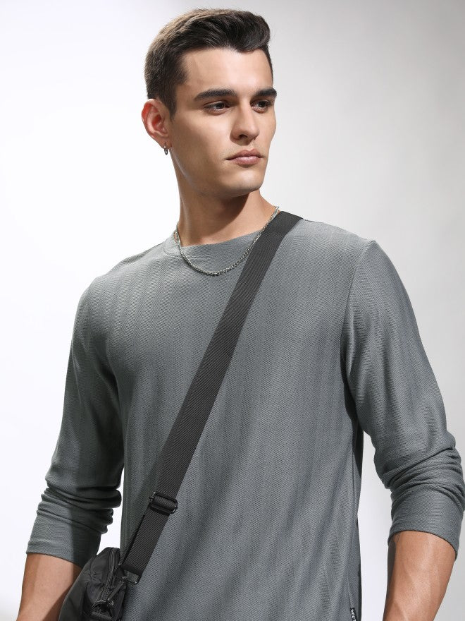 Highlander Men Grey Self Design Round Neck Relaxed Fit T-Shirt - Grey - Image 1