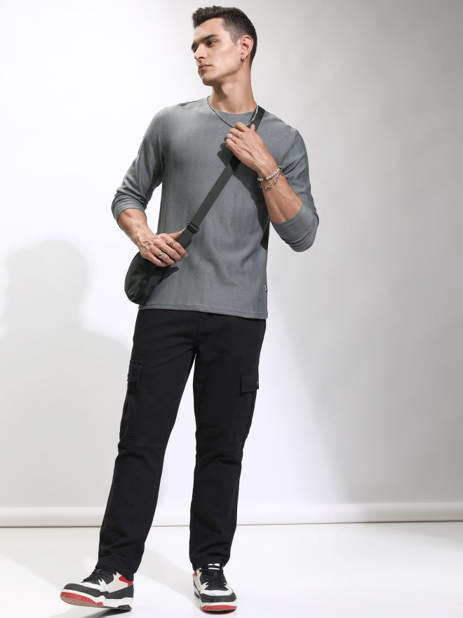 Highlander Men Grey Self Design Round Neck Relaxed Fit T-Shirt - Grey - Image 2
