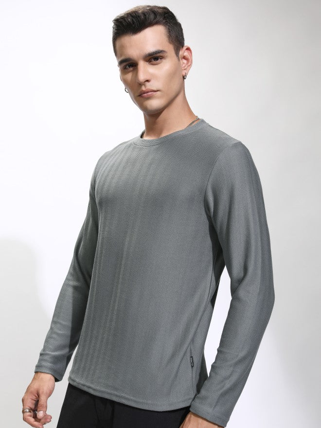 Highlander Men Grey Self Design Round Neck Relaxed Fit T-Shirt - Grey - Image 4