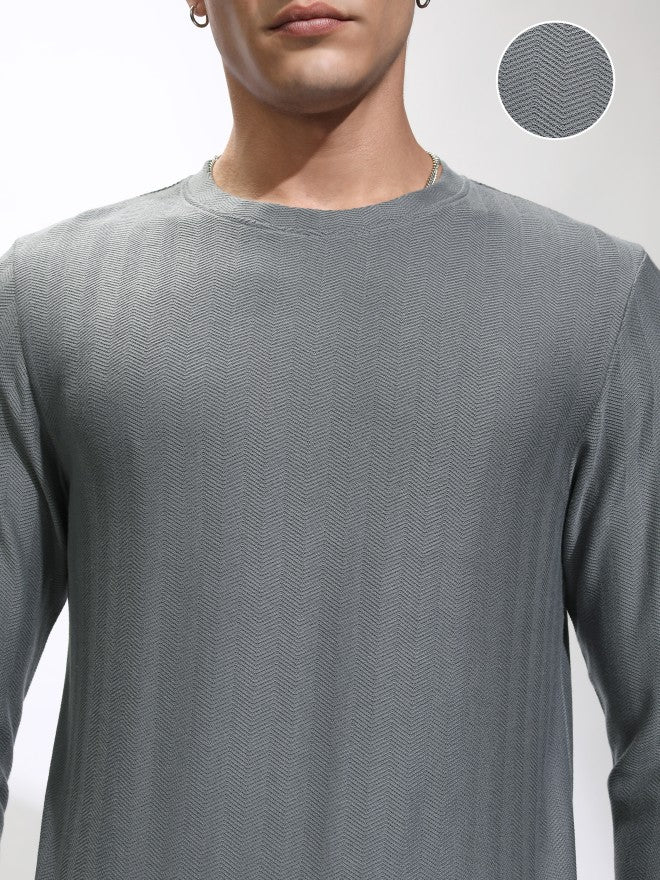 Highlander Men Grey Self Design Round Neck Relaxed Fit T-Shirt - Grey - Image 5