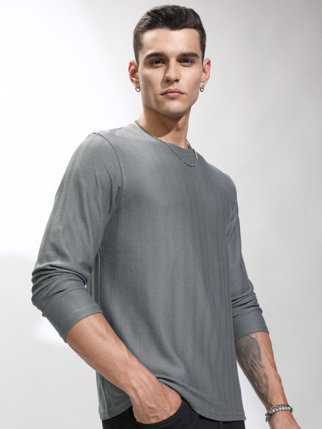 Highlander Men Grey Self Design Round Neck Relaxed Fit T-Shirt - Grey - Image 6