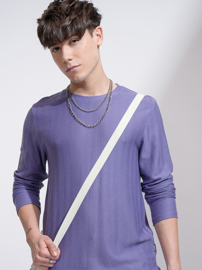 Highlander Men Purple Self Design Round Neck Relaxed Fit T-Shirt - Purple - Image 1