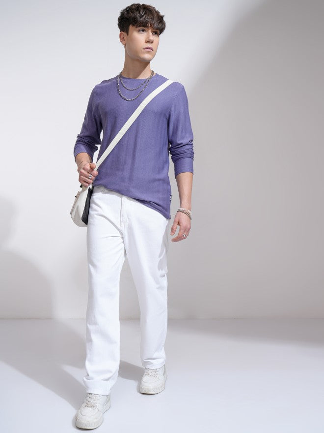 Highlander Men Purple Self Design Round Neck Relaxed Fit T-Shirt - Purple - Image 2