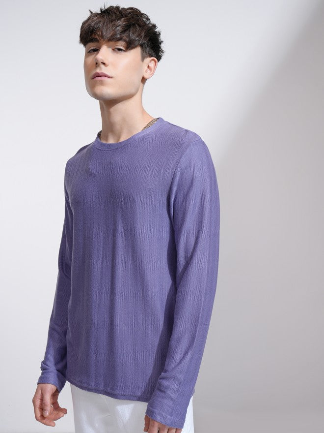 Highlander Men Purple Self Design Round Neck Relaxed Fit T-Shirt - Purple - Image 4