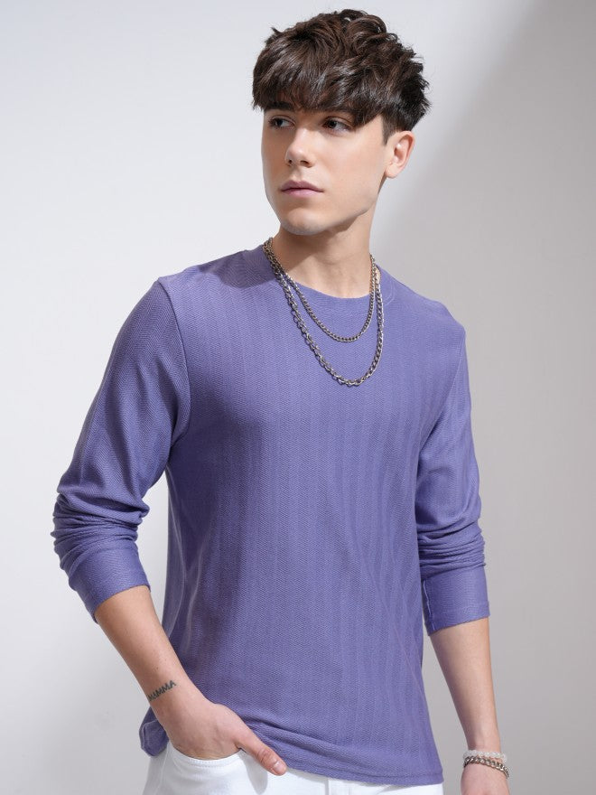 Highlander Men Purple Self Design Round Neck Relaxed Fit T-Shirt - Purple - Image 6