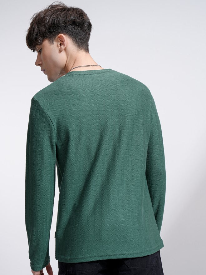 Highlander Men Teal Self Design Round Neck Relaxed Fit T-Shirt - Teal - Image 3
