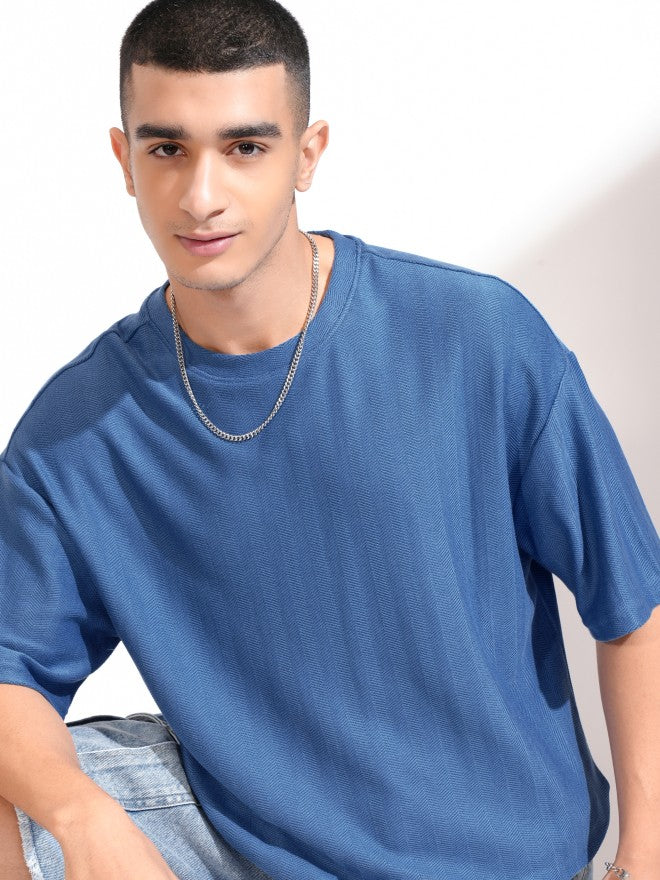 Highlander Men Blue Self Design Round Neck Oversized Fit T-Shirt - Blue - Image 1