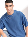Highlander Men Blue Self Design Round Neck Oversized Fit T-Shirt - Blue - Image 1