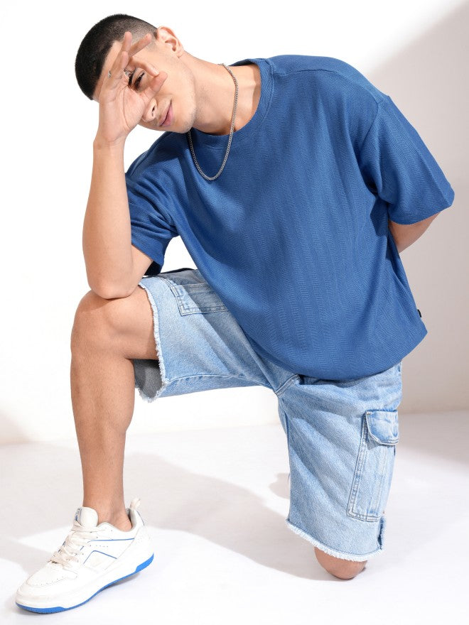 Highlander Men Blue Self Design Round Neck Oversized Fit T-Shirt - Blue - Image 2