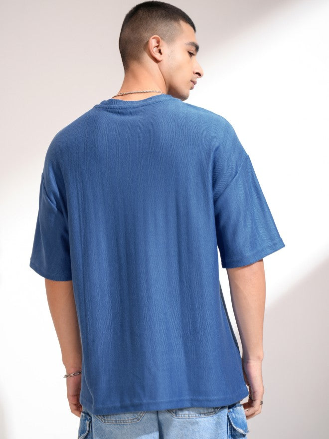 Highlander Men Blue Self Design Round Neck Oversized Fit T-Shirt - Blue - Image 3