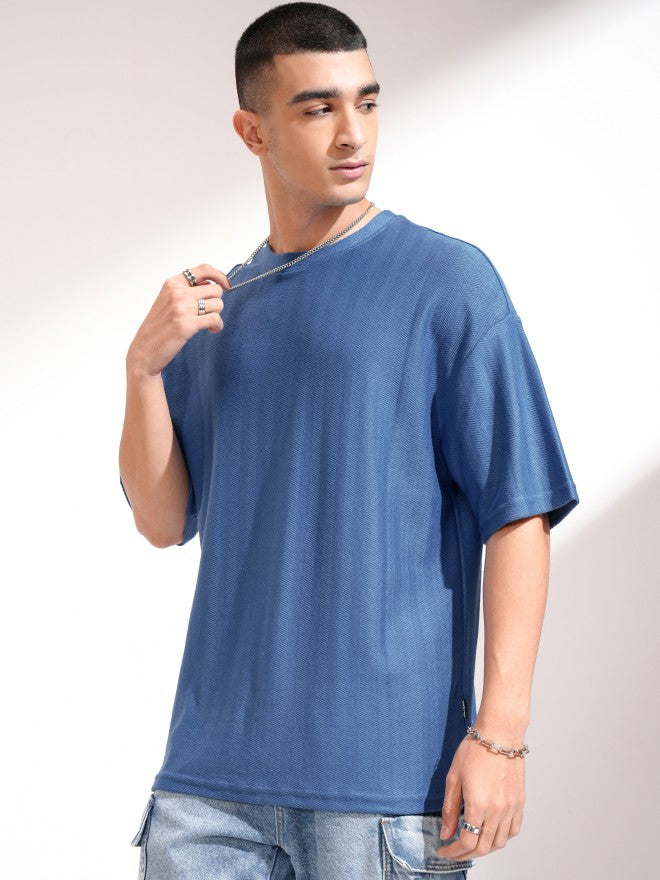 Highlander Men Blue Self Design Round Neck Oversized Fit T-Shirt - Blue - Image 4