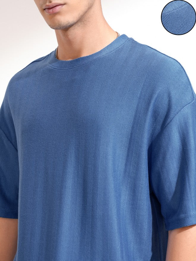 Highlander Men Blue Self Design Round Neck Oversized Fit T-Shirt - Blue - Image 5