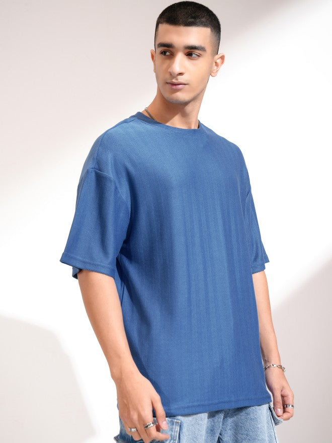 Highlander Men Blue Self Design Round Neck Oversized Fit T-Shirt - Blue - Image 6