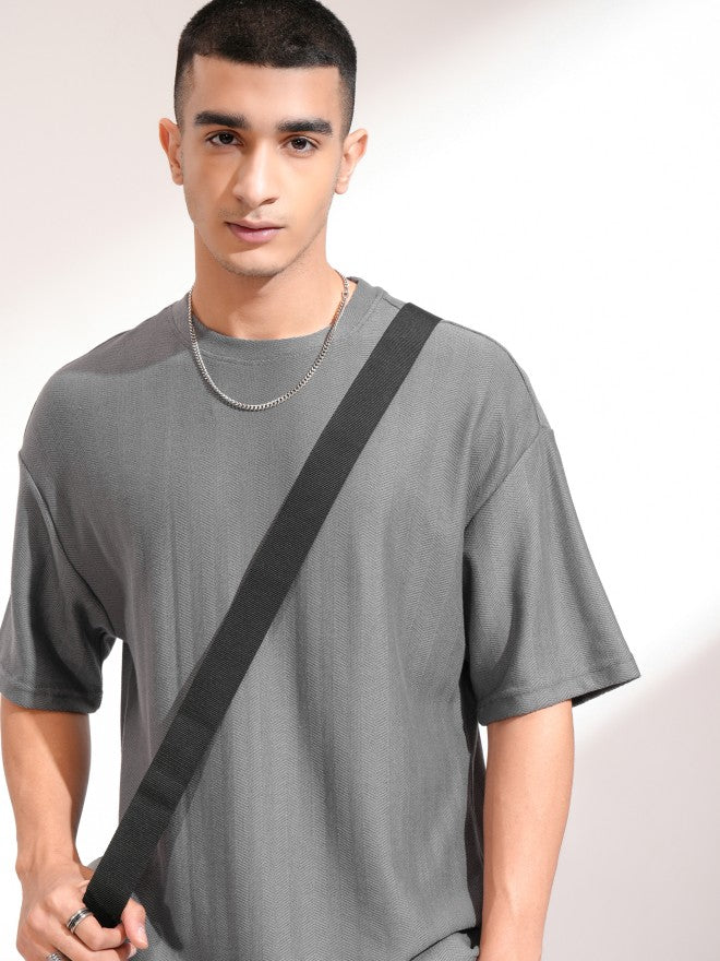 Highlander Men Grey Self Design Round Neck Oversized Fit T-Shirt - Grey - Image 1