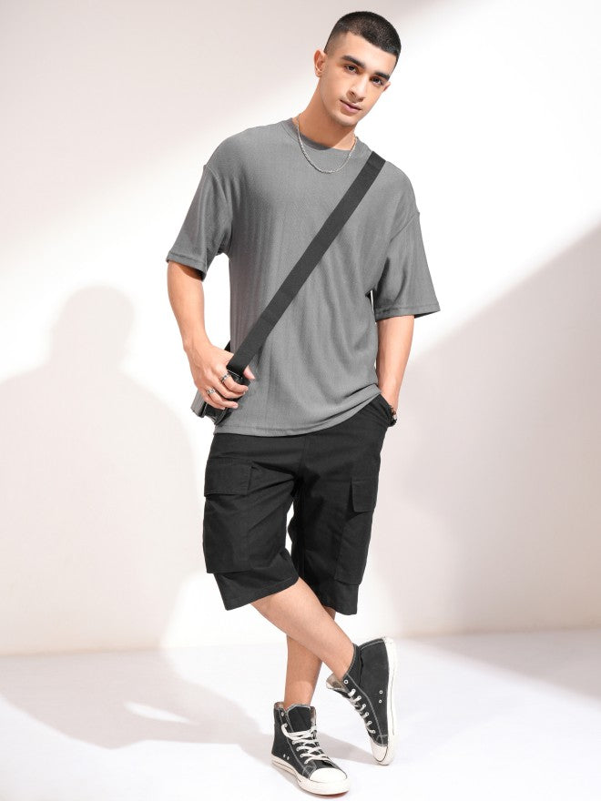 Highlander Men Grey Self Design Round Neck Oversized Fit T-Shirt - Grey - Image 2