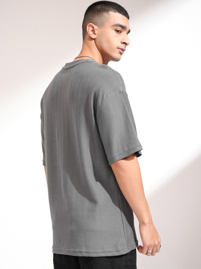 Highlander Men Grey Self Design Round Neck Oversized Fit T-Shirt - Grey - Image 3