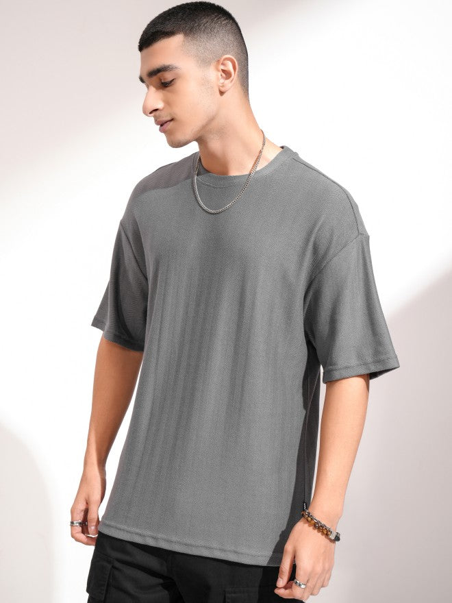 Highlander Men Grey Self Design Round Neck Oversized Fit T-Shirt - Grey - Image 4