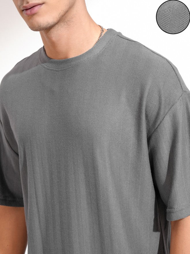 Highlander Men Grey Self Design Round Neck Oversized Fit T-Shirt - Grey - Image 5