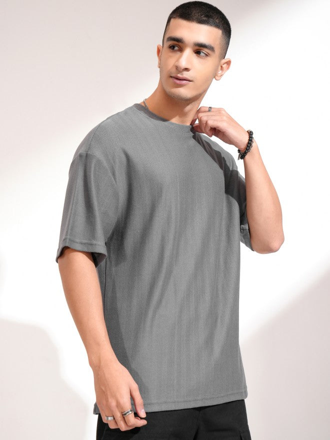 Highlander Men Grey Self Design Round Neck Oversized Fit T-Shirt - Grey - Image 6