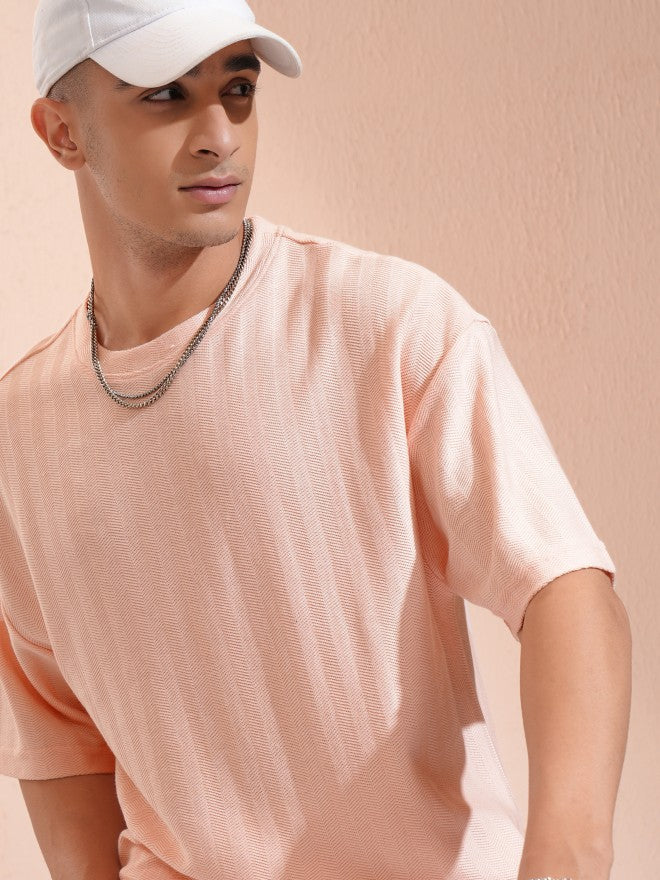 Highlander Men Peach Self Design Oversized Fit T-Shirt - Peach - Image 1