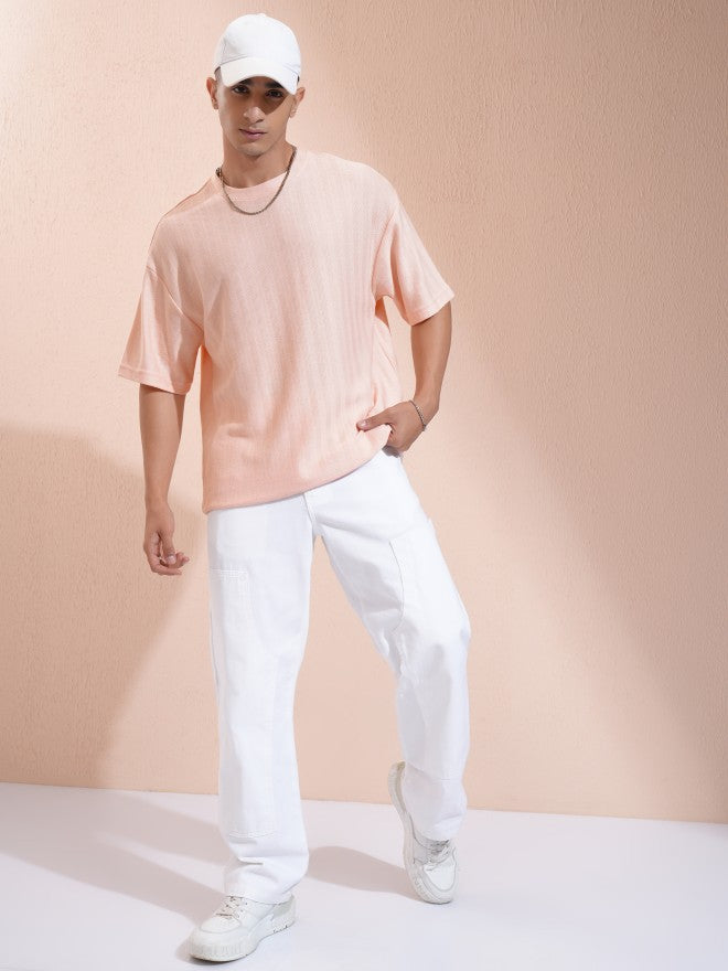 Highlander Men Peach Self Design Oversized Fit T-Shirt - Peach - Image 2