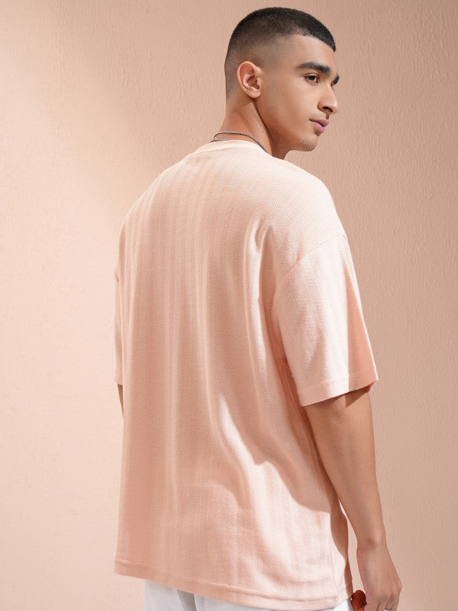 Highlander Men Peach Self Design Oversized Fit T-Shirt - Peach - Image 3