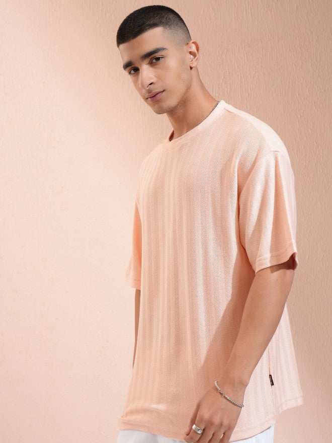Highlander Men Peach Self Design Oversized Fit T-Shirt - Peach - Image 4