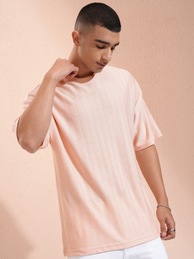 Highlander Men Peach Self Design Oversized Fit T-Shirt - Peach - Image 6