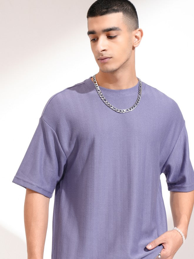 Highlander Men Purple Self Design Round Neck Oversized Fit T-Shirt - Purple - Image 1